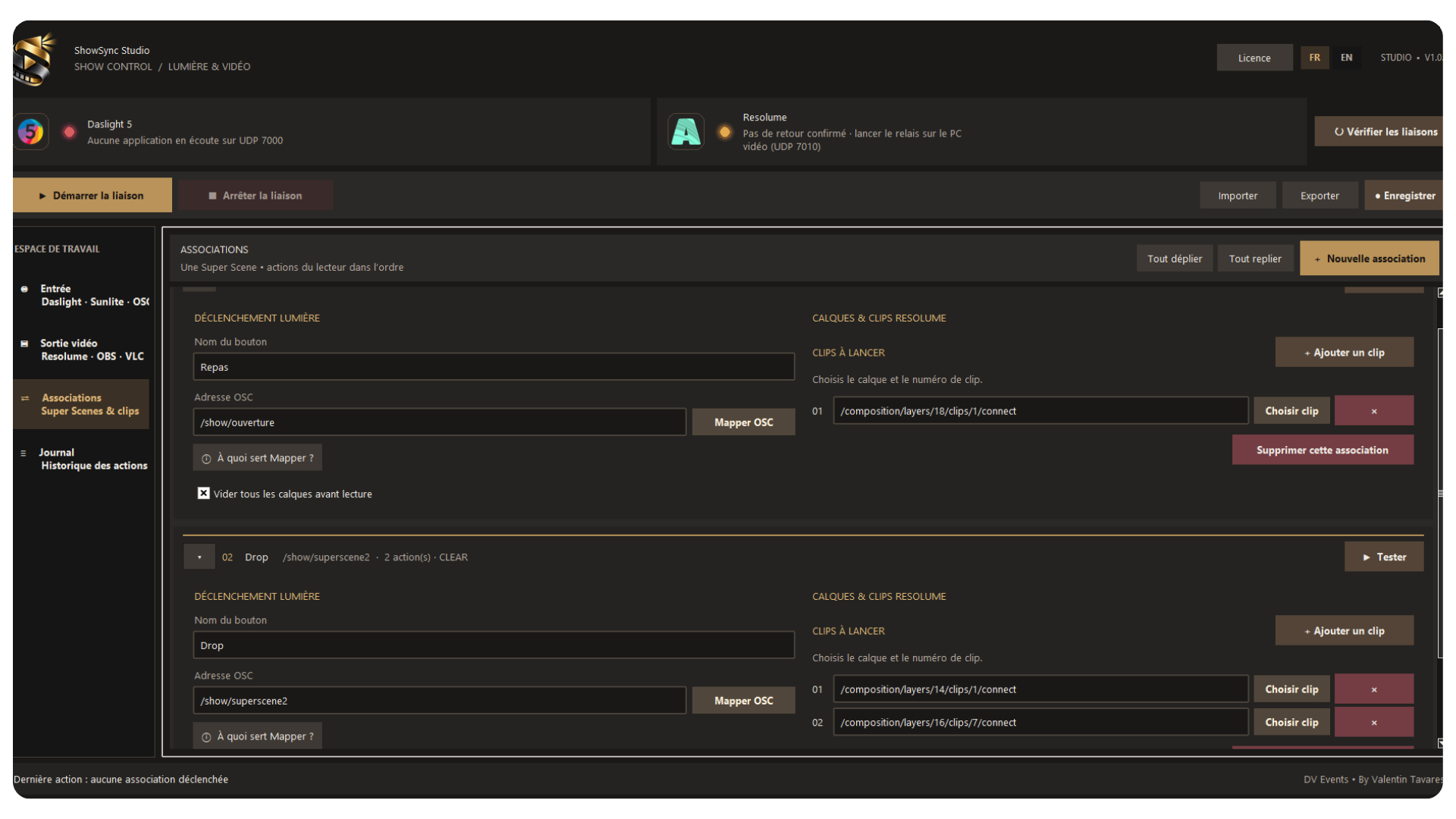 Interface ShowSim Studio affichant le journal de diagnostic et l'historique des commandes OSC.
