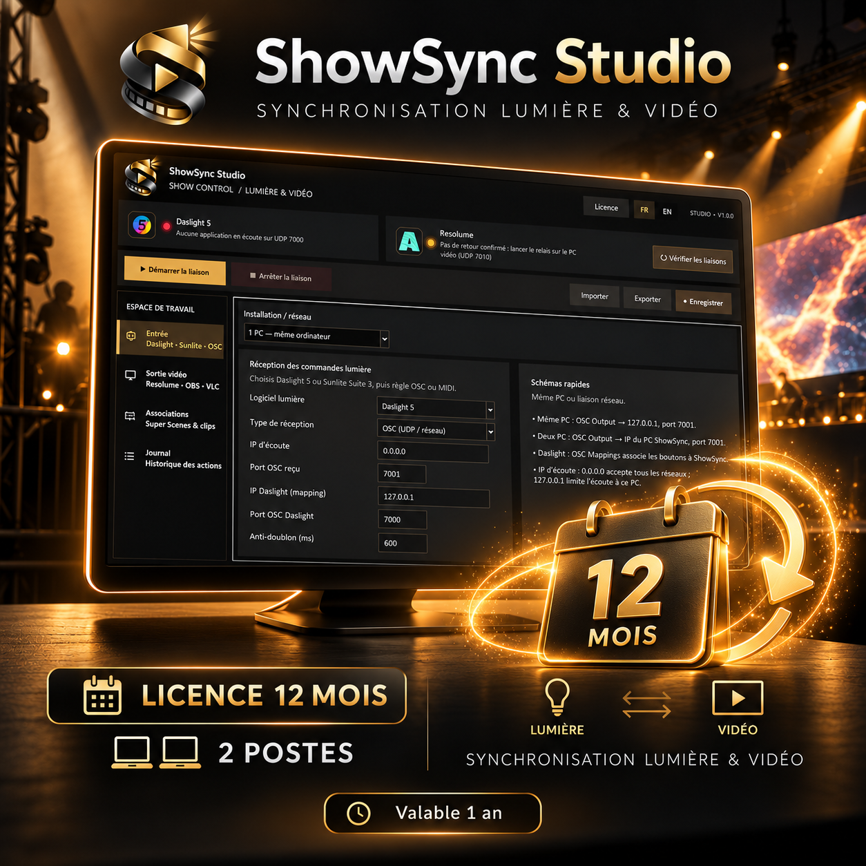 ShowSync Studio licence 12 mois – Logiciel de synchronisation lumière et vidéo, 2 postes
