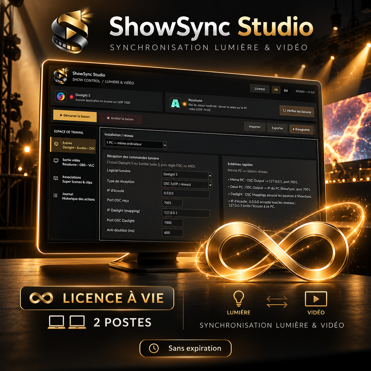 ShowSync Studio licence à vie – Logiciel de synchronisation lumière et vidéo, 2 postes